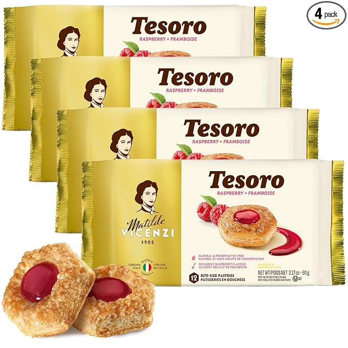 Tesoro Raspberry Filling by Pasticceria Matilde Vicenzi, Raspberry Cream Filled Puff Pastry Patisserie, Kosher Dairy, Made in Italy, 3.17oz (90g), 4-Pack