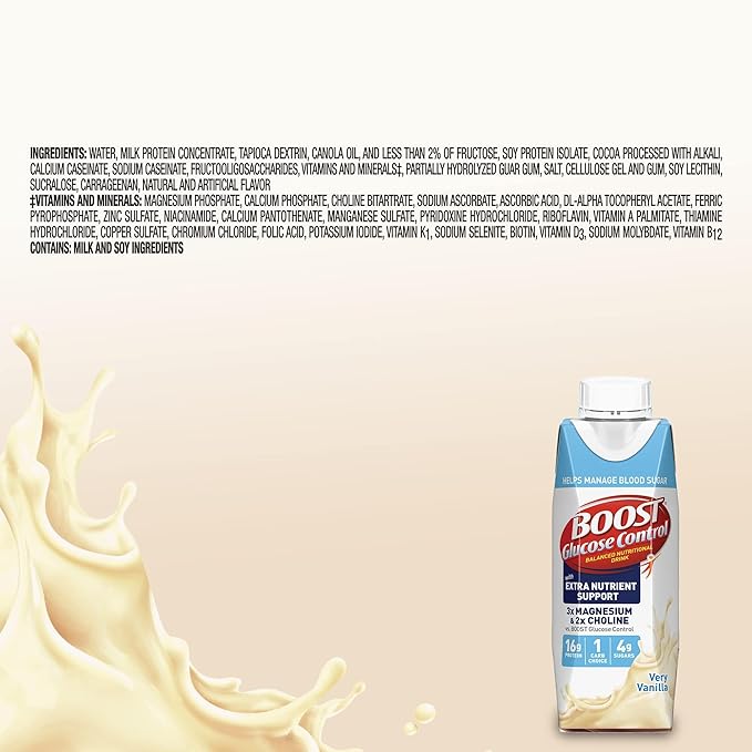 BOOST Glucose Control Ready to Drink Nutritional Drinks with Extra Nutrient Support Drink, Very Vanilla, Carton, 8 Fl Oz, Pack of 24