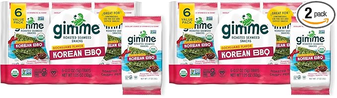 Gimme Seaweed Organic Premium Roasted Seaweed Snacks, Korean BBQ, 6 Count, Keto, Vegan, Gluten-Free, Great Source of Omega3s and Iodine, Healthy On-The-Go Snack for Kids and Adults (Pack of 2)