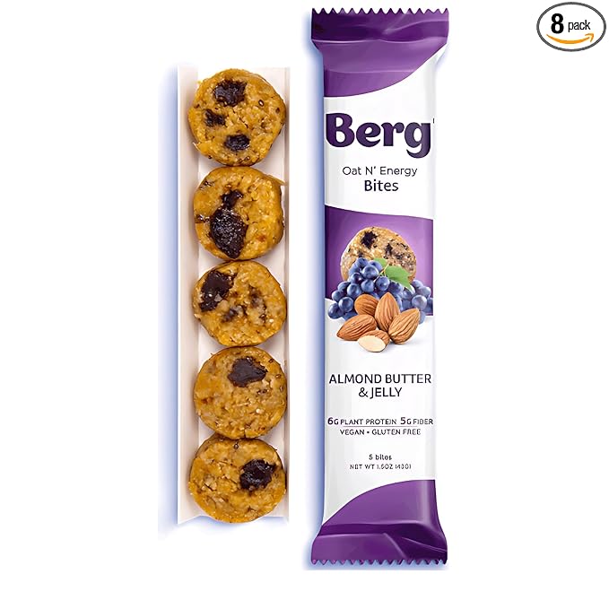 Berg Bites Plant-Based Almond Butter & Jelly Bites, Vegan, Gluten-Free, 6g Protein, 5g Fiber, Energy Snack Box - Clean Energy Healthy Snack Bar - 1.5oz (8 Pack)