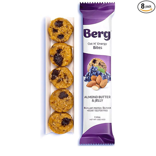 Berg Bites Plant-Based Almond Butter & Jelly Bites, Vegan, Gluten-Free, 6g Protein, 5g Fiber, Energy Snack Box - Clean Energy Healthy Snack Bar - 1.5oz (8 Pack)