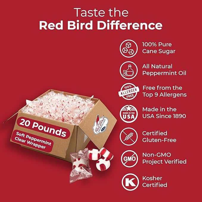 Red Bird Soft Peppermint Candy Mints, Bulk Candy Individually Wrapped, Clear Wrapper, 20 lb