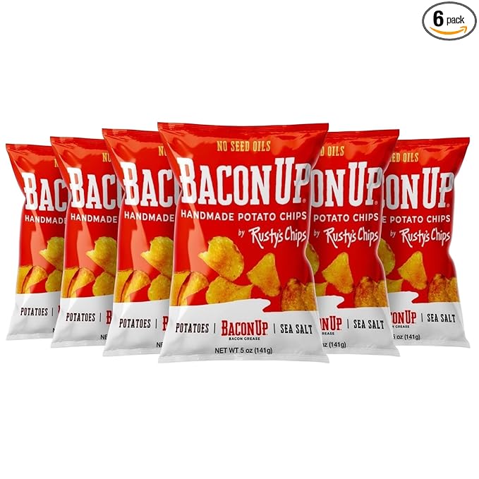 Bacon Up - Handmade Crunchy Healthy Potato Chips - No Preservatives, No Seed Oils, Gluten Free, Healthy Snacks for Adults - 5oz (6 Snack Packs) by Rusty's Chips