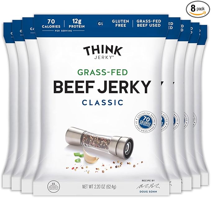 Think Jerky Classic Beef Jerky, Grass-Fed High Protein Beef Jerky, Gluten Free, No Antibiotics or Nitrates, Healthy Chef Crafted Recipe, Low Calorie and Low Fat - 2.2 oz Bags, 8 Pack
