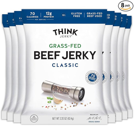 Think Jerky Classic Beef Jerky, Grass-Fed High Protein Beef Jerky, Gluten Free, No Antibiotics or Nitrates, Healthy Chef Crafted Recipe, Low Calorie and Low Fat - 2.2 oz Bags, 8 Pack