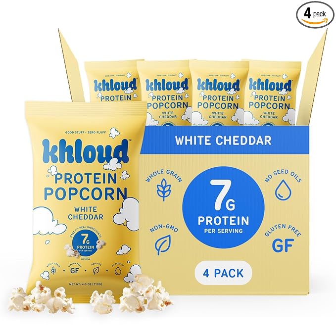 Khloud Protein Popcorn - White Cheddar - 7g Protein Snacks for Adults & Kids - Flavored Popcorn Made with Real Ingredients & Milk Protein Isolate - Non-GMO, Gluten-Free, Kosher, 4oz, 4pk