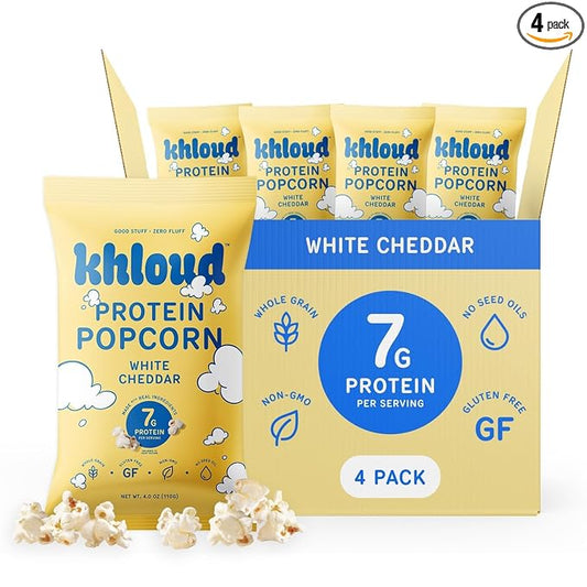 Khloud Protein Popcorn - White Cheddar - 7g Protein Snacks for Adults & Kids - Flavored Popcorn Made with Real Ingredients & Milk Protein Isolate - Non-GMO, Gluten-Free, Kosher, 4oz, 4pk