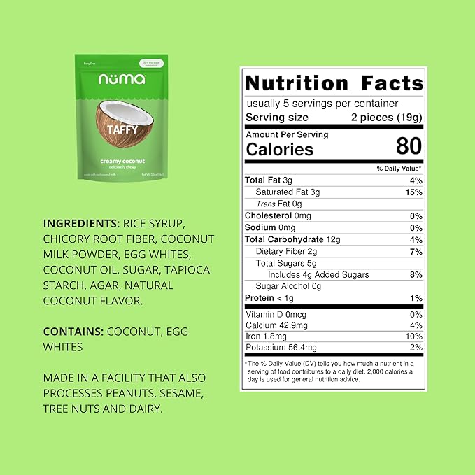 Numa Foods Creamy Coconut Taffy Candy – Dairy Free, Low Sugar Candy - Low Calorie & Natural Chewy Snack with Real MCT-Rich Coconut Milk, Gluten Free – 3 Bags with 10 Individually Wrapped Chews Each