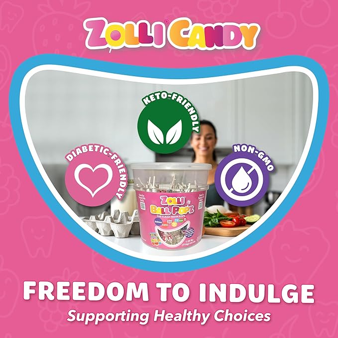 Zolli Ball Popz Clean Teeth Sugar Free Candy - Dye-Free, Keto & Diabetic-Friendly, Dentist-Approved Treats for Kids (Natural Fruit Flavors, 60 count)