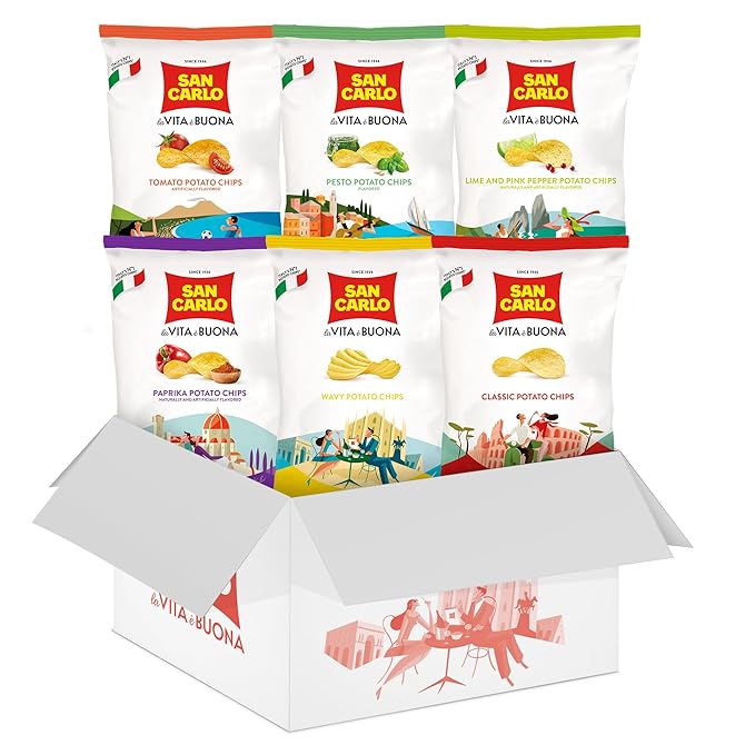San Carlo Variety Pack 8X 50g Multi Flavours n°1 Italian Potato Chips – Classic, Wavy, Paprika, Pesto, Lime and Pink Pepper, Tomato