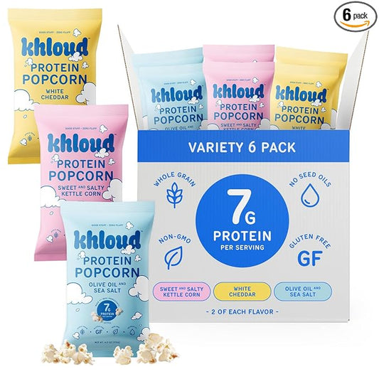 Khloud Protein Popcorn, 6 Pack Variety Pack - Protein Popcorn Made with Real Simple Ingredients & 7g Protein - Non-GMO, Gluten Free & Kosher - Healthy Snacks
