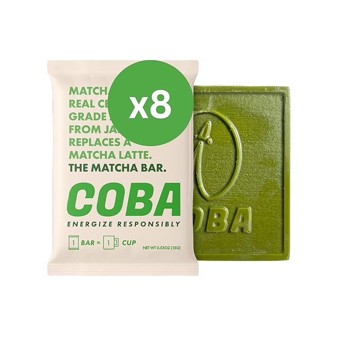 COBA Caffeinated Coffee Chocolate [1 Bar = 1 Cup of Matcha] - Energy Boost, Portable, All Natural Caffeine for Gym, Travel, Daily Use - Gluten Free, Non GMO (8 Pack, Matcha)