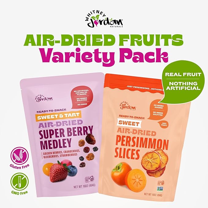 Whitney Jordan Naturals Air-Dried Fruit Variety Pack 16 Oz, Pack of 2 - Super Berry Medley & Persimmon Slices - Gluten-Free, Non-GMO, Vegan Snack - Real Fruit for Clean Snacking