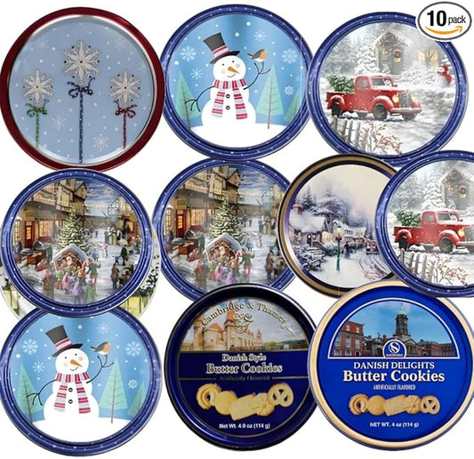 Holiday Assortment Cookies in Decorative Tin; Chocolate Varieties; Perfect Holiday Gift (Danish Butter Cookie Selection, 4oz Tin/ 10 pack)