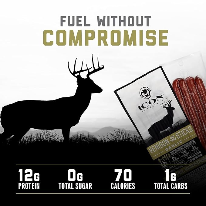 ICON Meats Venison and Pork Snack Sticks, Garlic, 6 Pack High Protein Snacks, 4 Meat Sticks per Pack, Zero Sugar, Gluten Free, Natural, USDA Inspected, Made in the USA, Gifts & Stocking Stuffers