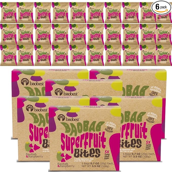 Baobest Superfruit Bites - Baobab Chews Raspberry Fruit Snack Pack - Vegan, Gluten Free, Preservative Free, Palm Oil Free, High Vitamin C Superfood Snack from The Tree of Life - 30 Servings