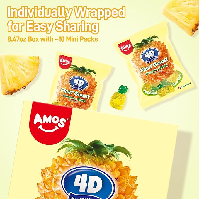 AMOS 4D Gummy Candy Pineapple Burst – 3D Pineapple Shaped, Jelly-Filled, Natural Flavor Fruit Gummy – 240g Box (Pack of 10) – Fruit-Filled Gummy Treats for Kids and Adults