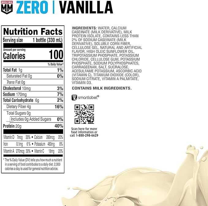 Muscle Milk Zero Protein Shake, Vanilla Crème, 20g Protein, Zero Sugar, 100 Calories, Calcium, Vitamins A, C & D, 4g Fiber, Energizing Snack, Workout Recovery, Packaging May Vary 11.16 Fl Oz (Pack of 12)