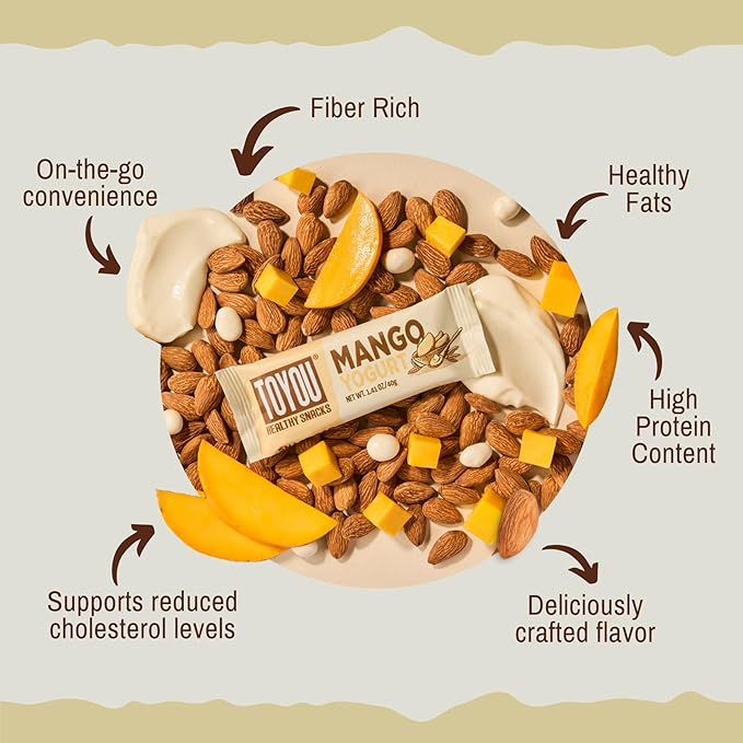 ToYou Gluten Free Chewy Fruit and Nut Bars - Healthy Protein Snacks | Mango Yogurt - 1.41 Ounce (Pack of 12) | Soft Chewy, Fiber-Packed Granola Bars for Adults and Kids, Made with Natural Ingredients