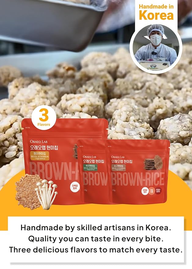 Korean Food Oraeo-Lab Korean Brown Rice Chips with Enoki Mushroom – Vegan Pressed Snack, Not Fried | Healthy Plant-Based Crisps, 170g (6 oz) Bag, 팽이버섯 현미칩