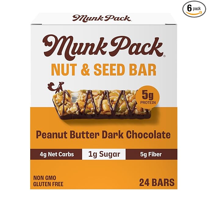 Munk Pack Peanut Butter Dark Chocolate Nut & Seed Snack Bars | 5g Protein, 1g Sugar, 3g Net Carbs | Plant-Based, Low Sugar, Gluten-Free Snacks | 24 Count (4.92 oz)