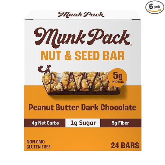 Munk Pack Peanut Butter Dark Chocolate Nut & Seed Snack Bars | 5g Protein, 1g Sugar, 3g Net Carbs | Plant-Based, Low Sugar, Gluten-Free Snacks | 24 Count (4.92 oz)