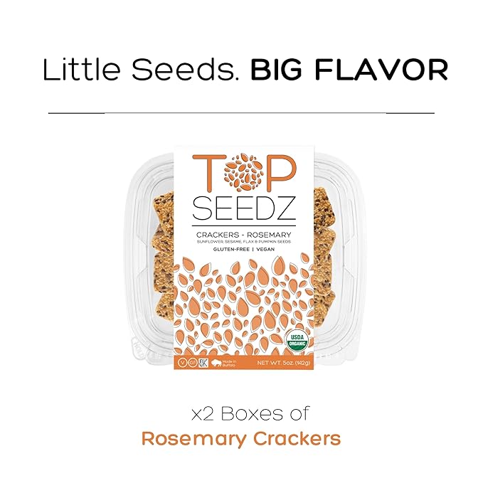 Top Seedz Certified Organic Gluten Free Rosemary Seed Crackers | 2-Pack | 5 Ounces | Healthy Vegan Crackers with Plant Based Protein | Made of Sunflower, Flax, Sesame and Pumpkin Seed
