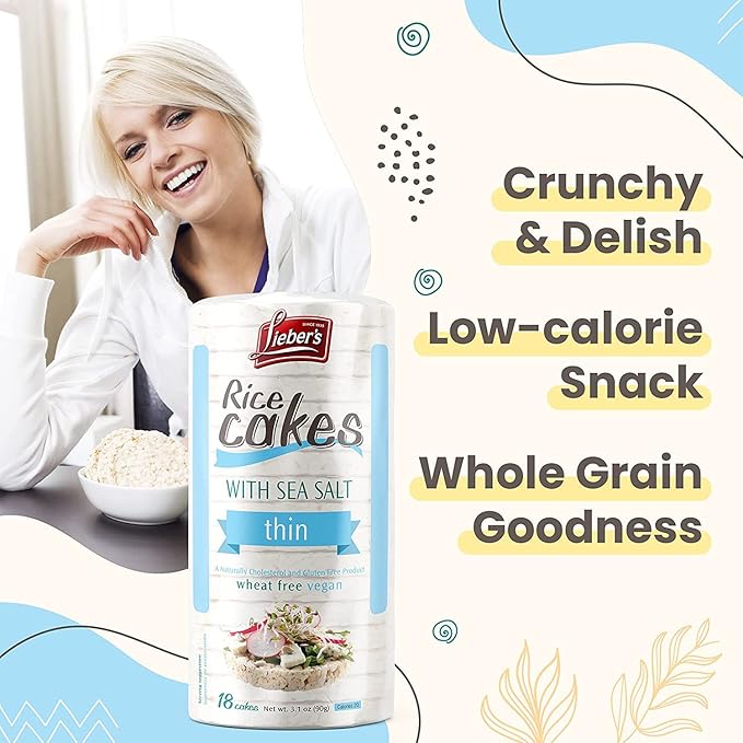 Lieber's Thin Rice Cakes, Kosher Certified Snack, Dairy Free, Wheat Free, Gluten Free, And Vegan options (Sea Salt 6 Pack)