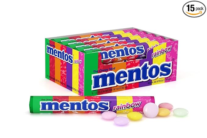 Mentos Chewy Mint Candy Roll, Rainbow Mint Candies, 14 Pieces Per Roll, 15 Count Party Pack
