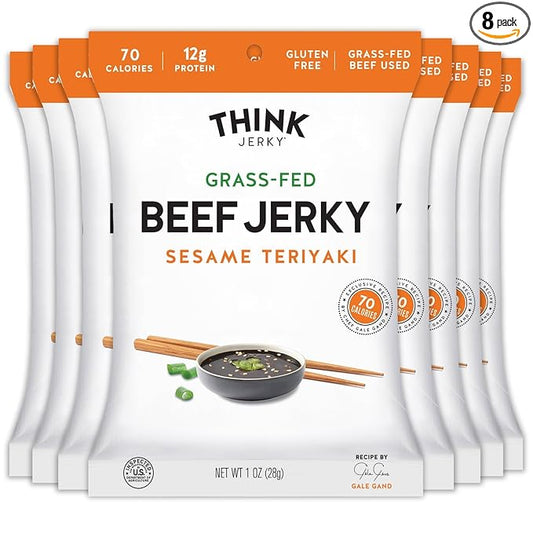 Think Jerky Sesame Teriyaki Beef Jerky, Grass-Fed High Protein Beef, Gluten Free, No Antibiotics or Nitrates, Healthy Chef Crafted Recipe, Low Calorie and Low Fat - 1.0 oz Bags, 8 Pack