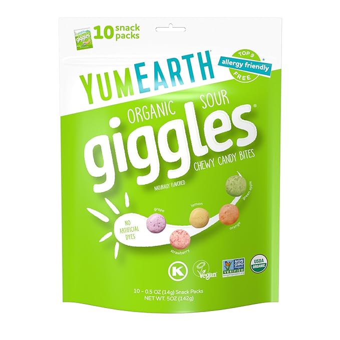 YumEarth Organic Sour Giggles Chewy Candy – Allergy Friendly, No Artificial Dyes, Non GMO, Gluten Free, Sour Fruit Flavored, Vegan Candy Snacks 0.5 oz (Pack of 120)
