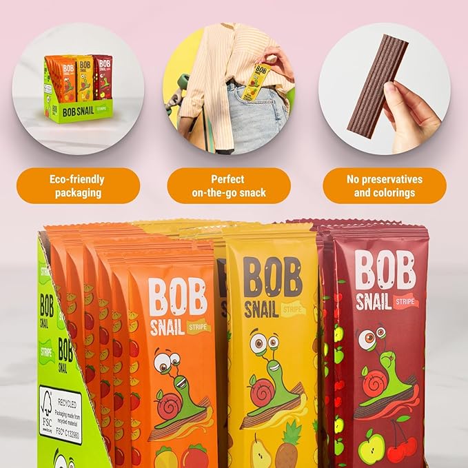BOB SNAIL Healthy Fruit Snacks for Kids and Adults – 30 Fruit Leather Snacks with Persimmon, Pear-Pineapple,Cherry – Vegan Low-Carb Variety Pack Strips for Kids – Sugar Free Jerky Bars