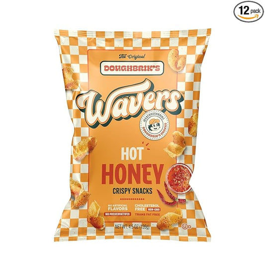 WAVERS by Doughbrik's Snacks, Hot Honey Flavor 4.5 oz Bags, Crispy Crunchy Texture Perfect Anytime Snack Made in the USA (12-Pack)