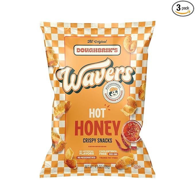 WAVERS by Doughbrik's Snacks, Hot Honey Flavor 4.5 oz Bags, Crispy Crunchy Texture Perfect Anytime Snack Made in the USA (3-Pack)