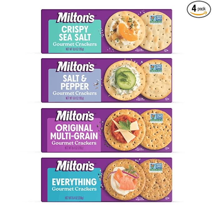 Milton's Gourmet Crackers Variety Bundle (Original Multi-Grain, Everything, Crispy Sea Salt, Salt & Pepper) - Non-GMO Project Verified, Natural Ingredients, Kosher, Great for Charcuterie Boards - Pack of 4