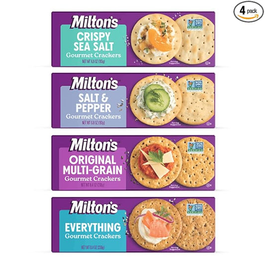 Milton's Gourmet Crackers Variety Bundle (Original Multi-Grain, Everything, Crispy Sea Salt, Salt & Pepper) - Non-GMO Project Verified, Natural Ingredients, Kosher, Great for Charcuterie Boards - Pack of 4