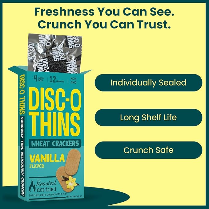 Disc-O Thins Roasted Wheat Crackers 72pcs (Vanilla)- Tea-Coffee On-the-go Snacks/ Healthy Breakfast Crackers- Ideal With Herbal & Black Tea or Coffee- Non GMO & Guilt Free Healthy Travel Snacks For Adults & Kids