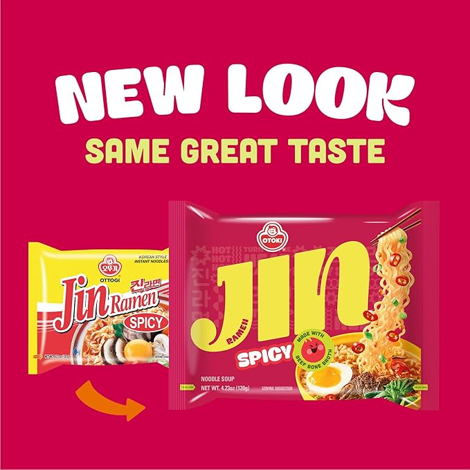 OTOKI Jin Ramen (SPICY), BTS Jin & JIN RAMEN edition without BTS Jin Sticker, Authentic Korean Instant Noodles, Rich and Savory Beef Broth, Quick and Easy Meal 4.23 oz x 18 Pack (1 Box) (PACK OF 18, SPICY)
