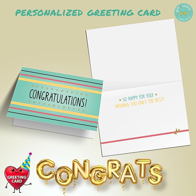 Gift A Snack - Congratulations Snack Box Variety Pack Care Package + Greeting Card (45 Count) Graduation Sweet Treats Gift Basket, Candies Chips Crackers Bars - Office Food Assortments