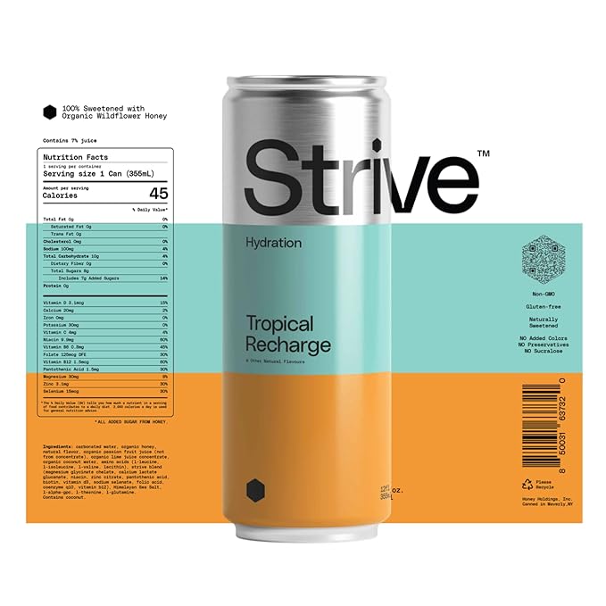 Strive Soda Tropical Recharge - Sparkling Hydration Soda with Electrolytes & Organic Honey - Passionfruit Coconut Naturally Sweetened Drink - No Artificial Sweeteners or Preservatives - 12 Pack Cans