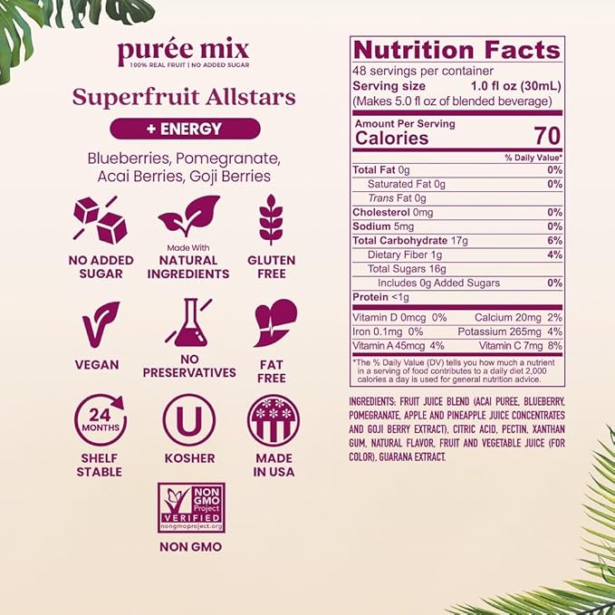 Smartfruit Superfruit All-Stars + Energy – 100% Real Fruit Purée with Blueberry, Pomegranate, Acai & Goji Berries – Great for Smoothies, Juice, Yogurt, Cocktails, Teas & More – 48oz