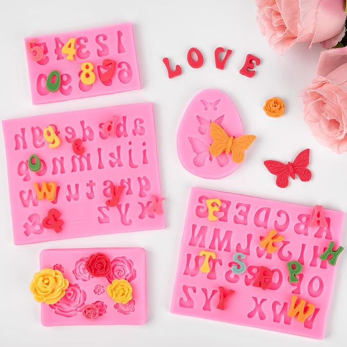 CLUEWR 5 PCS Silicone Letter Molds, Non-Stick Number Rose Flower Butterfly Fondant Molds for Chocolate, Candy, Cake Decoration, Cupcake Topper