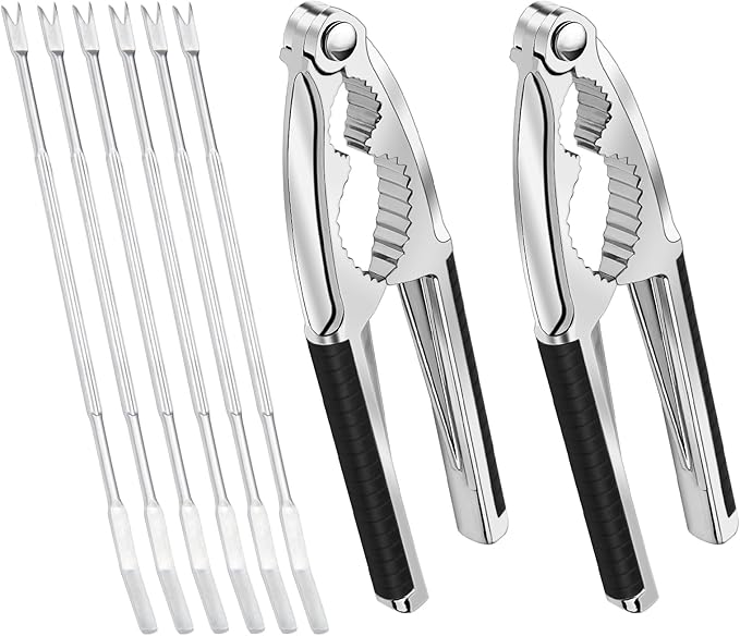 Anglekai Nut Crackers, 8Pcs Multi-Purpose Stainless Steel Seafood Pecan Cracker, Non-slip Handle Walnut Cracking Tools (Black)