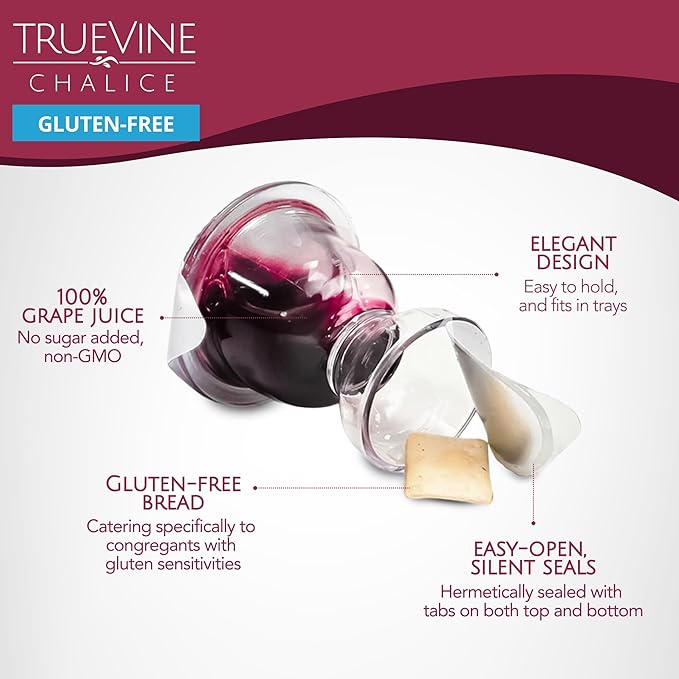 TrueVine Chalice Communion Cups and Wafer Set - Prefilled Cups with Gluten Free Unleavened Bread & Grape Juice - Carefully Packaged & Easy to Open, Ideal First Communion (100 Count)