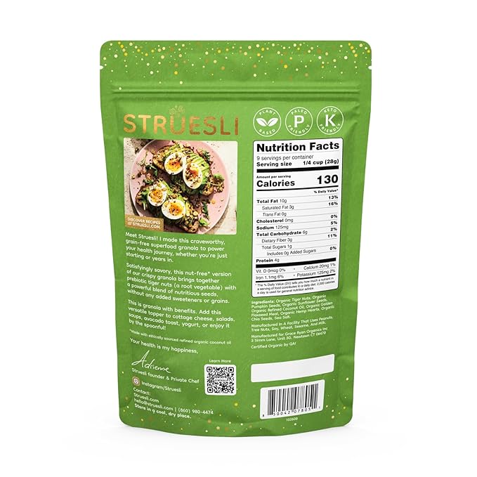 Struesli Savory + Seed Organic Granola, Nut, Grain & Gluten Free, Healthy Snacks with Pumpkin, Sunflower & Chia Seeds, Hemp Hearts, Flax, Tiger Nuts & Sea Salt, Plant Based, Keto & Paleo, 9 Oz