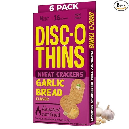 Disc-O Thins Whole Wheat Crackers - Crunchy Roasted Snack, High-Fiber & Low-Fat On-the-go Snack Chips, 96pcs (Garlic Bread) - Friendly, Healthy Travel Snack, Non-GMO - Great w/ Cheesy Dips, Salsa, or Beer