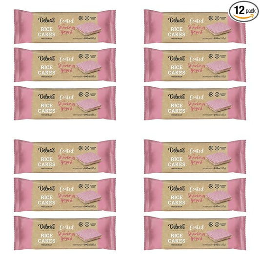 Deluxe & Bla Bla Thin and Crispy Strawberry Yogurt Chocolate Rice Cakes, Kosher Certified Dairy, Gluten Free, Nuts Free Snack Pack Of 12 (Pack of 12, Strawberry Yogurt)