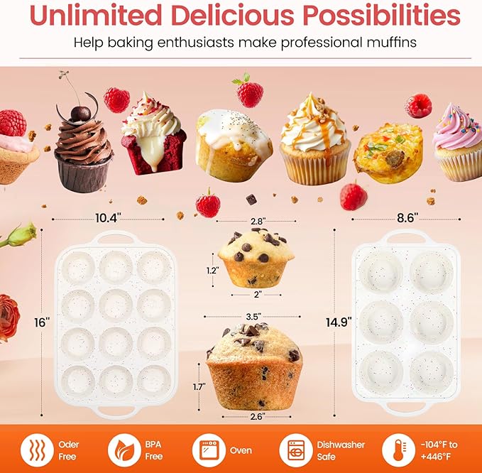 Fimary mary Silicone Muffin Pan with Metal Reinforced Frame - Mini Muffin Pan for Homemade Muffins, Cupcakes, and Bread, Oven and Dishwasher Safe - Set of 2, 6-Cup and 12-Cup