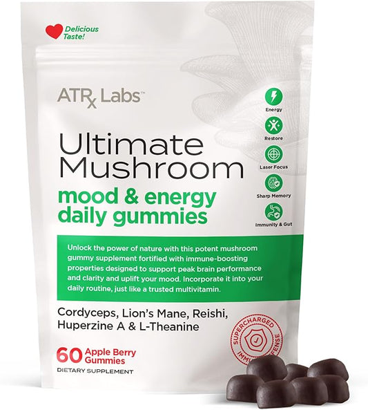 ATRx Labs Ultimate Mushroom Daily Gummies - Mushroom Gummies with Cordyceps, Lion’s Mane, and Reishi, Plus Huperzine A & L-Theanine, May Improve Mood and Energy, Apple Berry Flavor, 60 Count