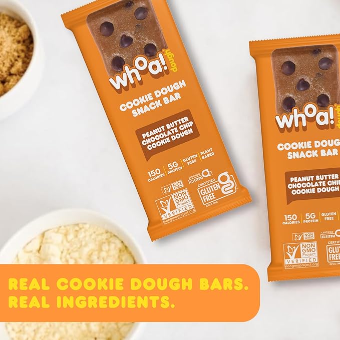 Whoa Dough Edible Cookie Dough Bars- Certified Non-GMO, Kosher and Gluten Free Bars - Healthy Snack Foods - Plant Based Snacks - Peanut Butter Chocolate Chip Cookie Dough - 10 Pack